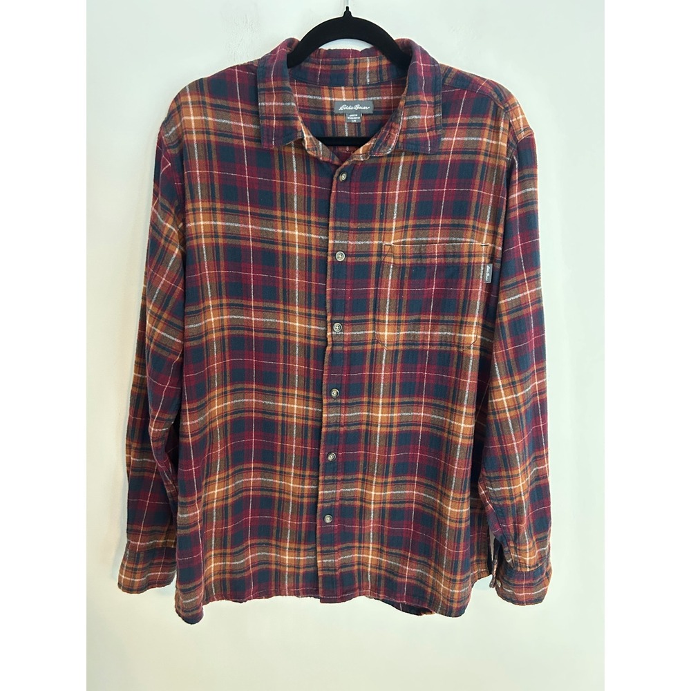 Eddie Bauer Mens Large Plaid Flannel Shirt Burgundy Orange Cotton Button Down